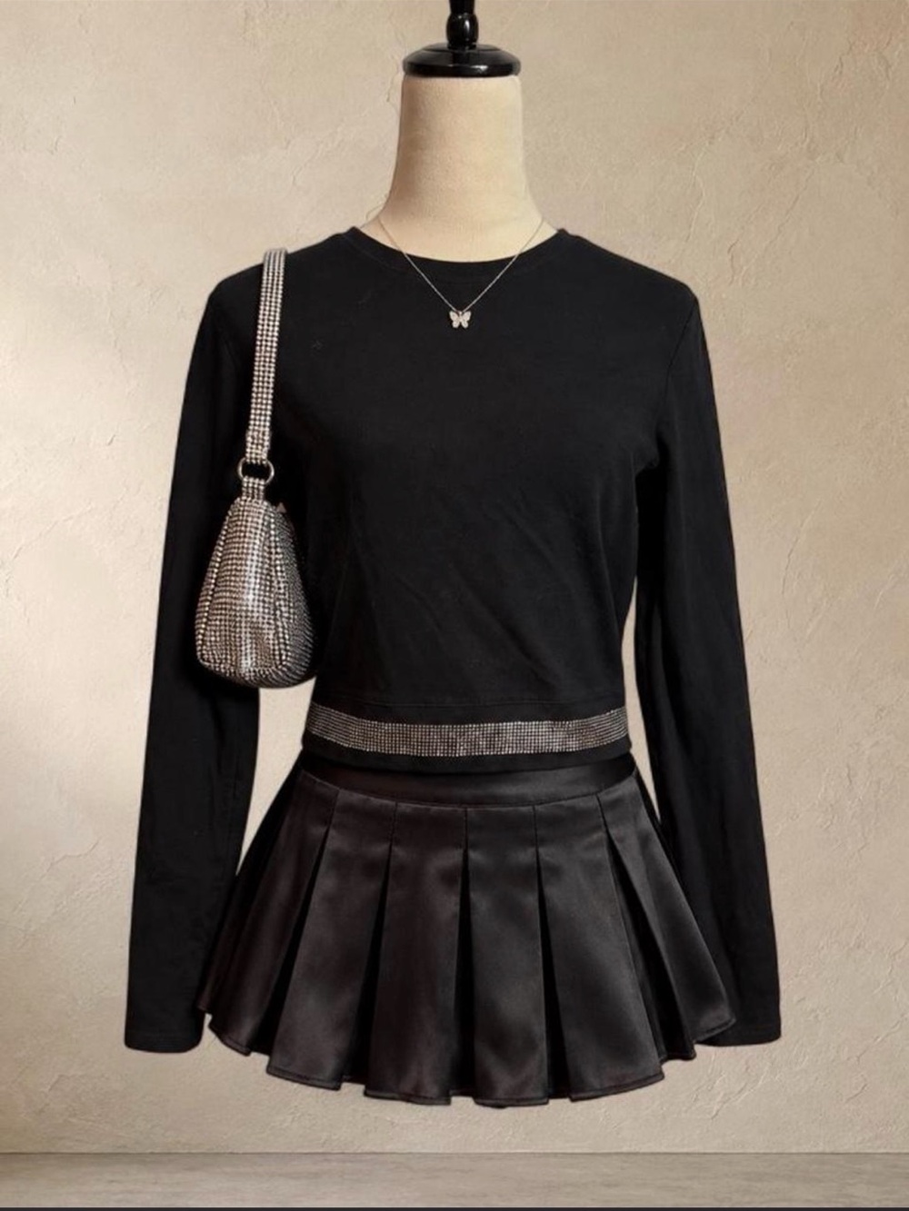 Soho Black Cropped Long Sleeve Top with Rhinestone Hem Size M